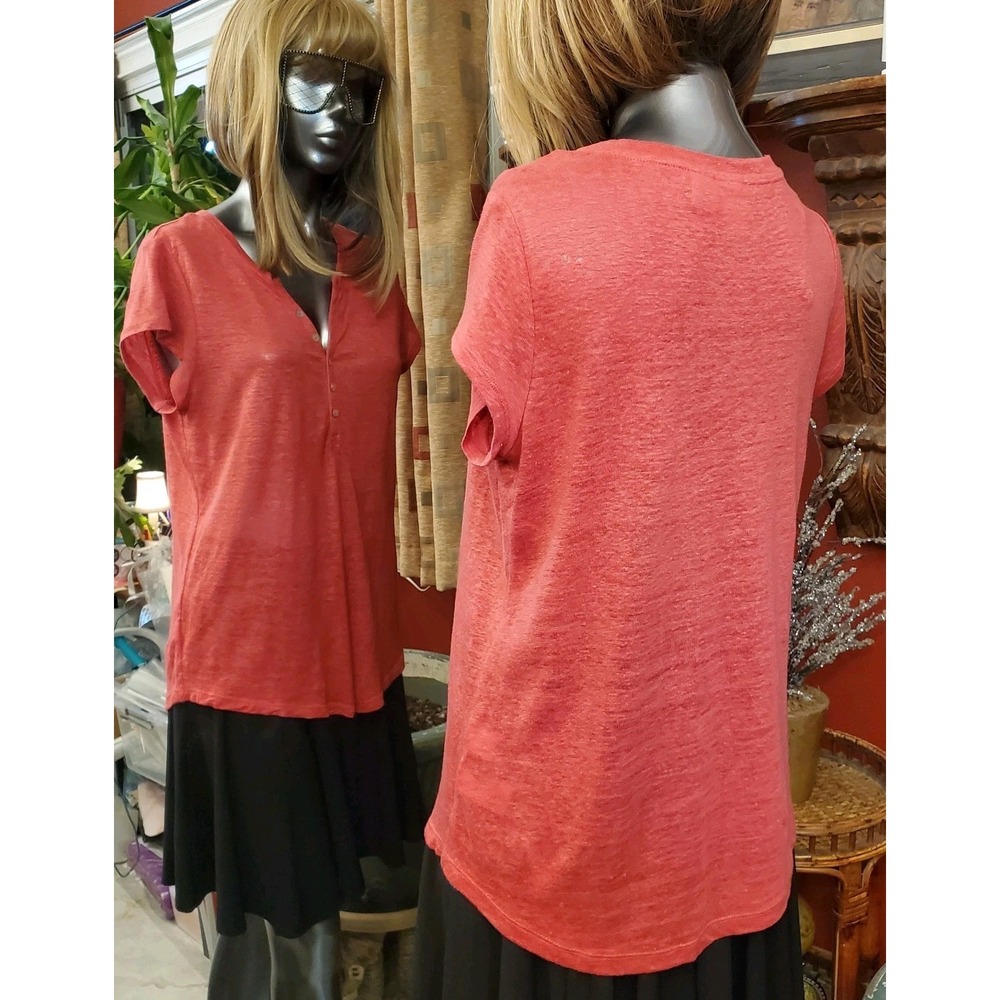 C & C California 100% Linen Button Placket V-neck Top Size S Salmon- Minimalist‎